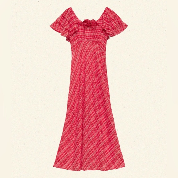 NWT Doen Nevara Cotton Rosette Short Sleeve Midi Maxi Dress Sylvie Plaid Red - Picture 12 of 12